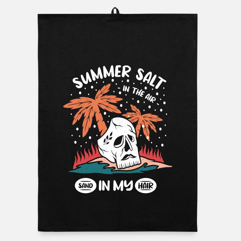 Summery skull design with palm trees - Organic dish towel - black