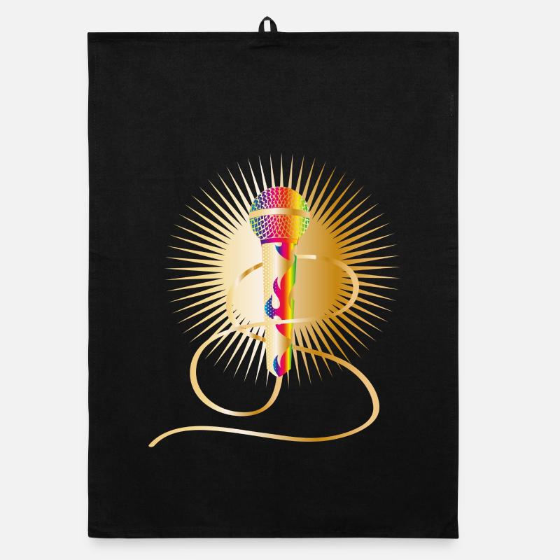 golden microphone with rainbow elements Organic dish towel