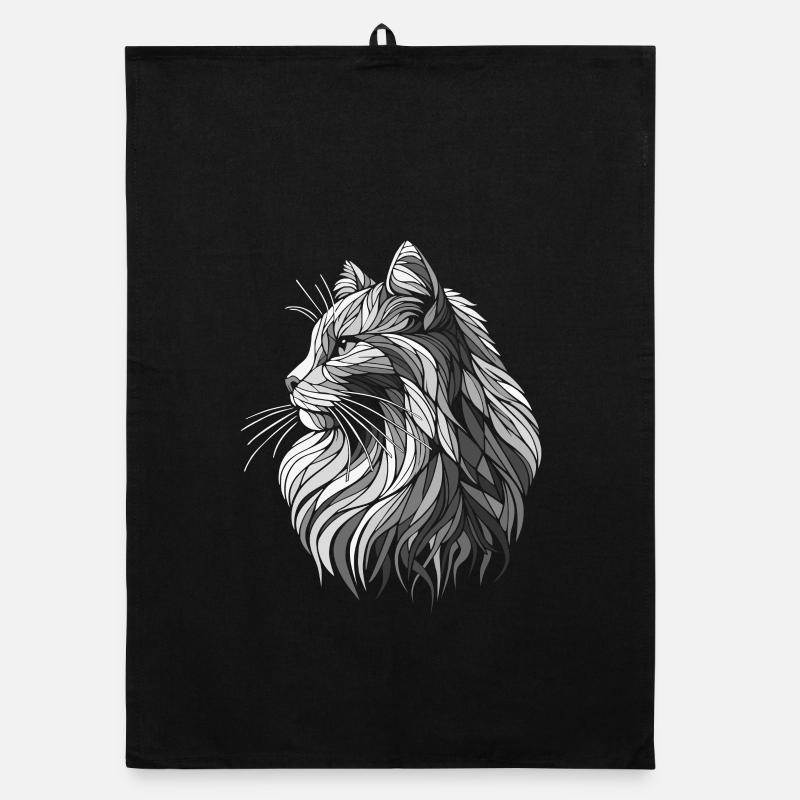 Dessin de tête de chat noir et blanc polygones Torchon bio