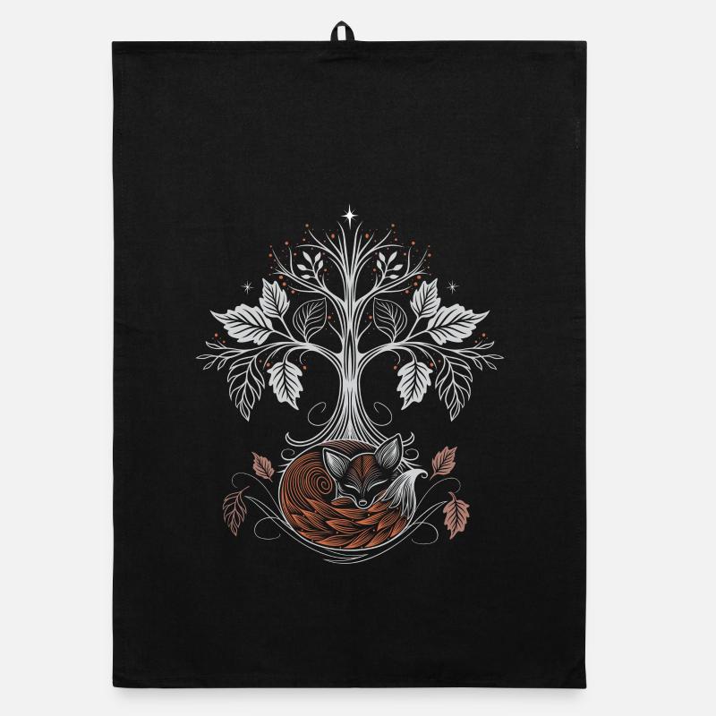 Sleeping Fox Under Tree of Life - Autumn Night Organic dish towel