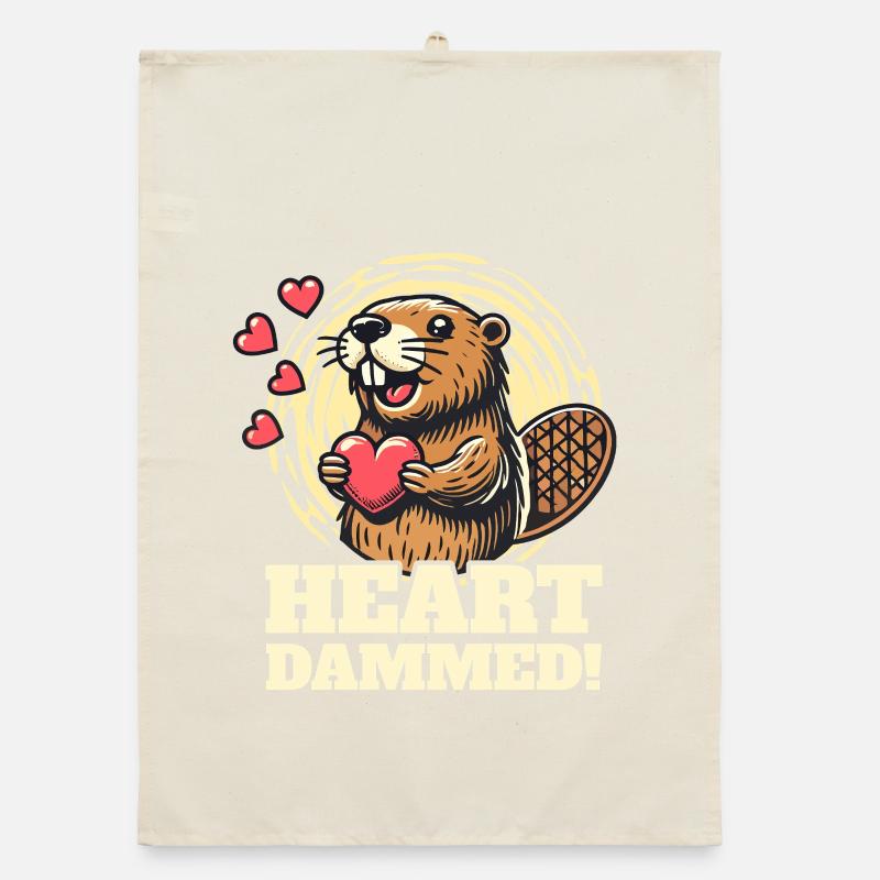 Heart Dammed - Cute Beaver Design for Valentine's Day Organic dish towel