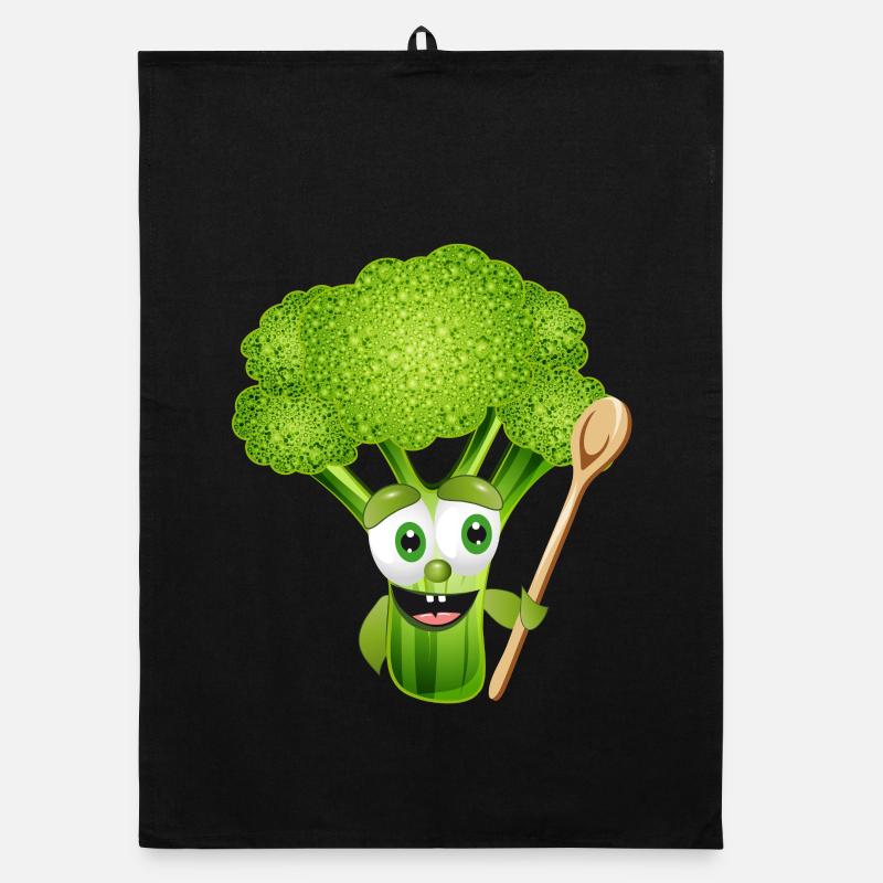 funny comic broccoli florets with cooking spoon Organic dish towel