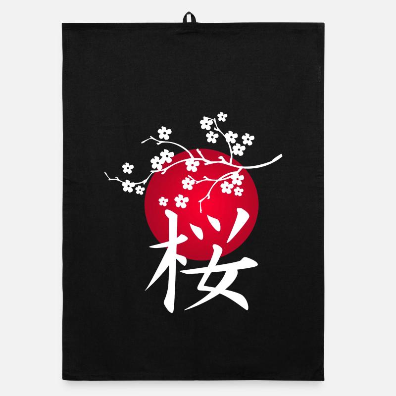 Cerisier japonais blanc et soleil rouge - Torchon bio - noir