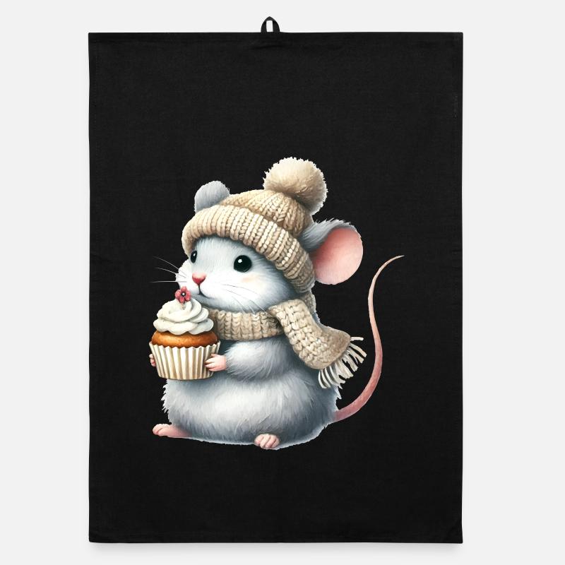 süße Maus mit einer Strickmütze und Cupcake Organic Geschirrtuch