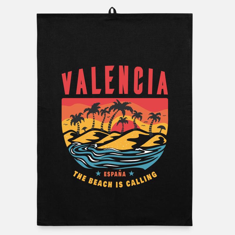 Valence, Espagne, palmiers, plage, design Torchon bio