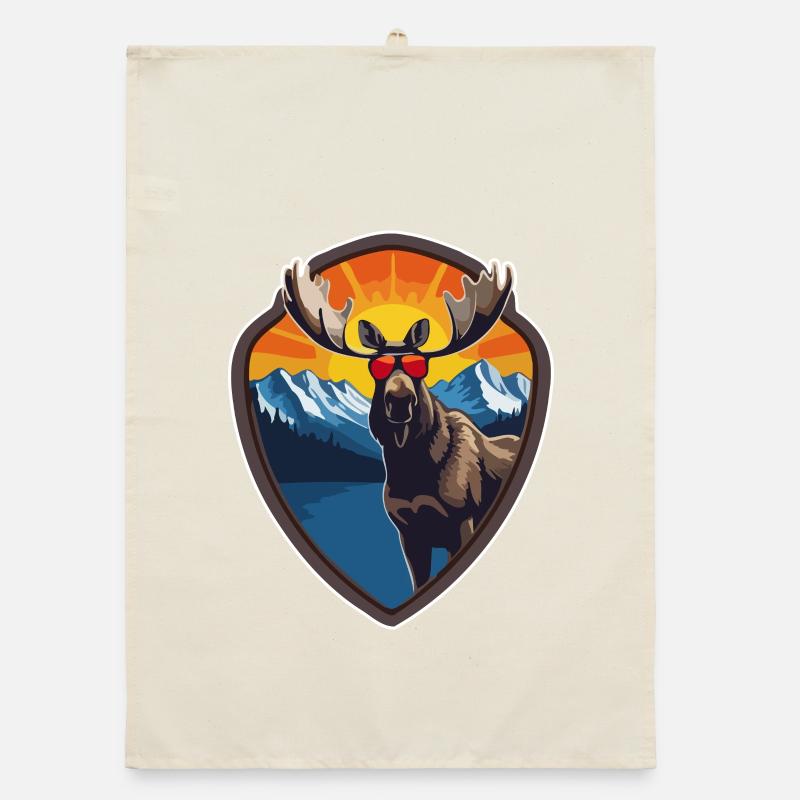 Cool moose with sunglasses, hiking, mountains Organic dish towel