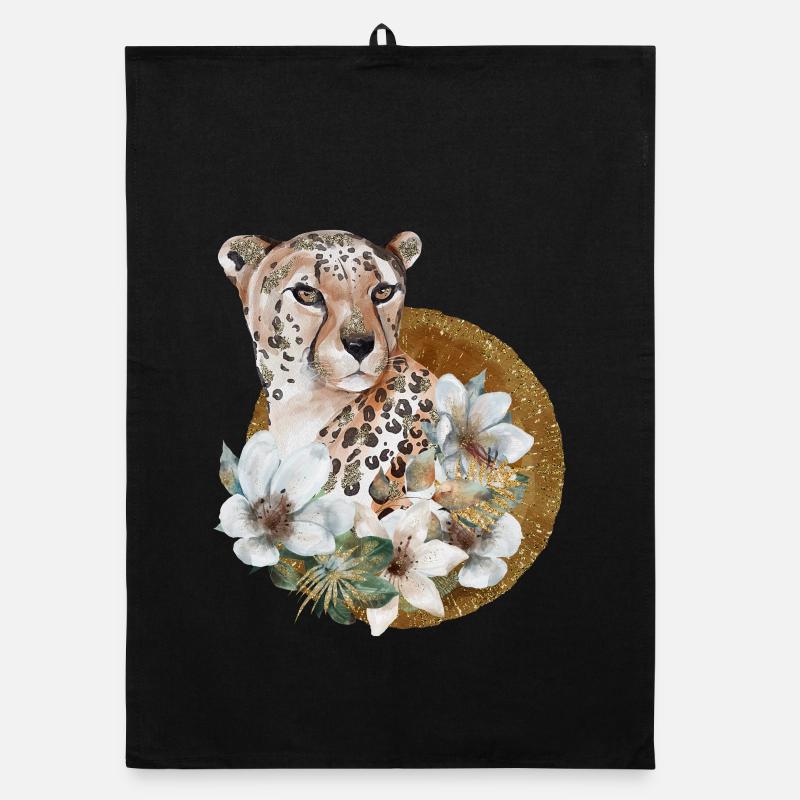 Leopard mit Gold und Blüten Organic Geschirrtuch