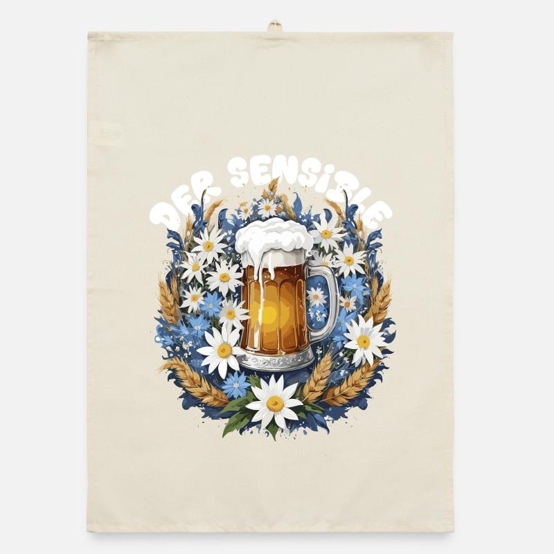 Beer mug with chamomile décor and edelweiss dirndl Organic dish towel