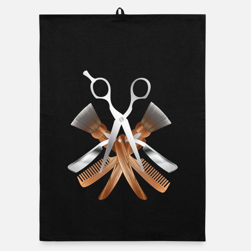 Motif élégant de barbier avec ciseaux et outils Torchon bio
