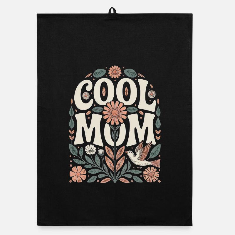 Motif fleural rétro Cool Mom - Torchon bio - noir