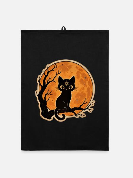 Black Cat in Front of Full Moon Halloween Motif - Organic dish towel - black - Front