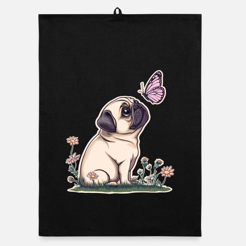 Mops mit Schmetterling - Organic Geschirrtuch - Schwarz