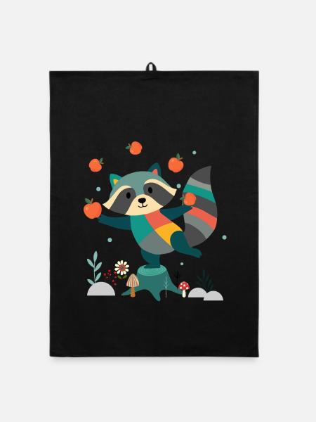 Playful raccoon happily juggling apples - Organic dish towel - black - Front