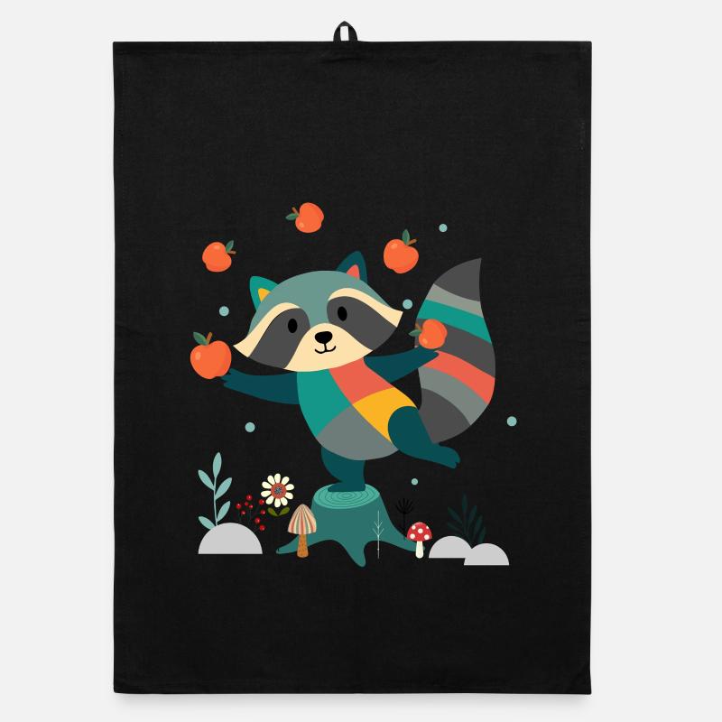 Playful raccoon happily juggling apples Organic dish towel