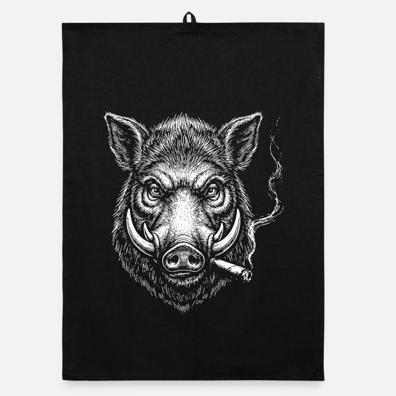Rauchende Wildschweinkopf-Illustration Organic Geschirrtuch