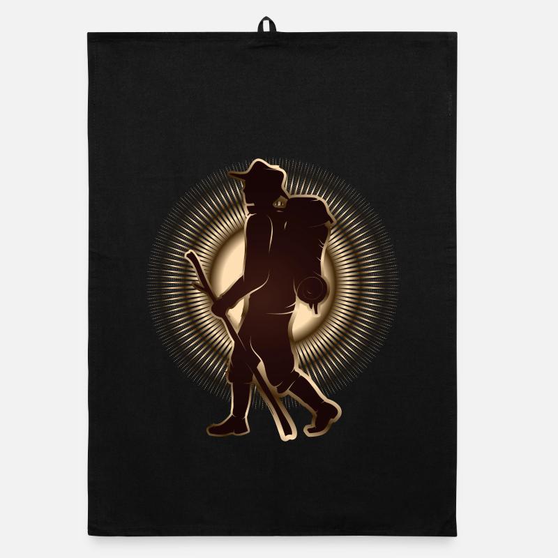 Pilgrim or hiker with walking stick & backpack Organic dish towel