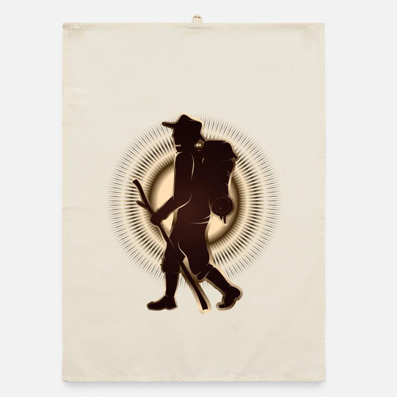 Pilgrim or hiker with walking stick & backpack Organic dish towel