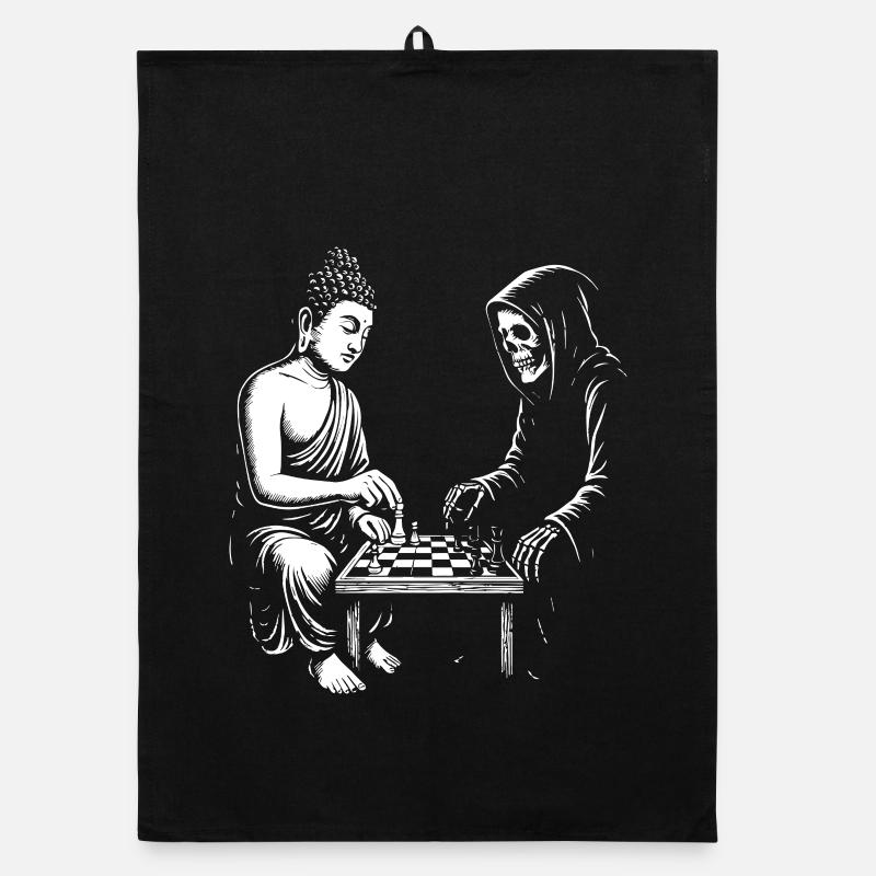 Bouddha joue au duel d’échecs avec un squelette Torchon bio