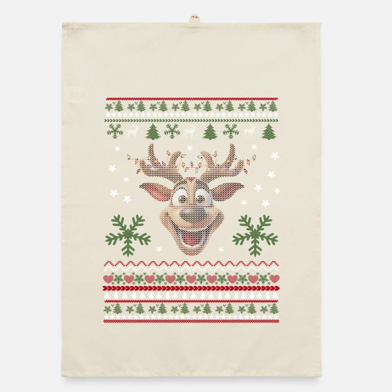 Happy reindeer with lights Organic dish towel
