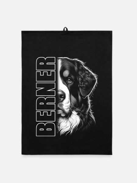 Berner Sennenhund Porträt mit Schriftzug - Organic Geschirrtuch - Schwarz - Vorne
