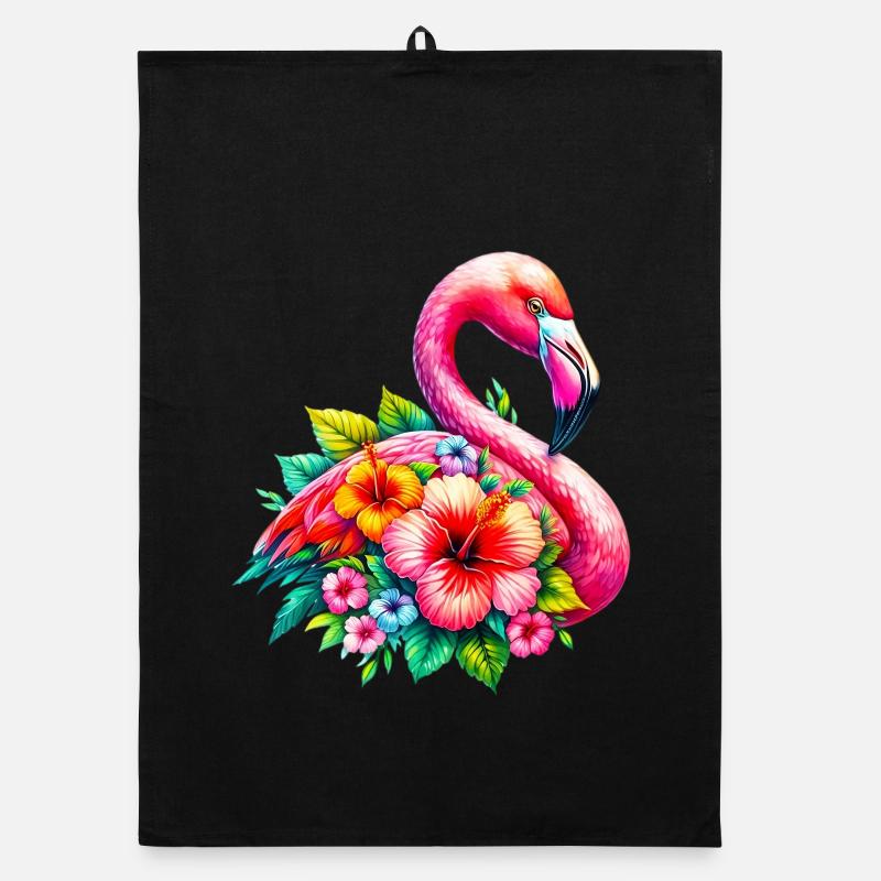Flamant rose décoré de fleurs d’hibiscus Torchon bio