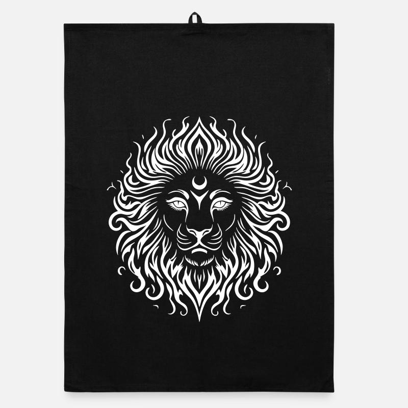 Stylized White Line Art Lion Face Sun Motif Organic dish towel