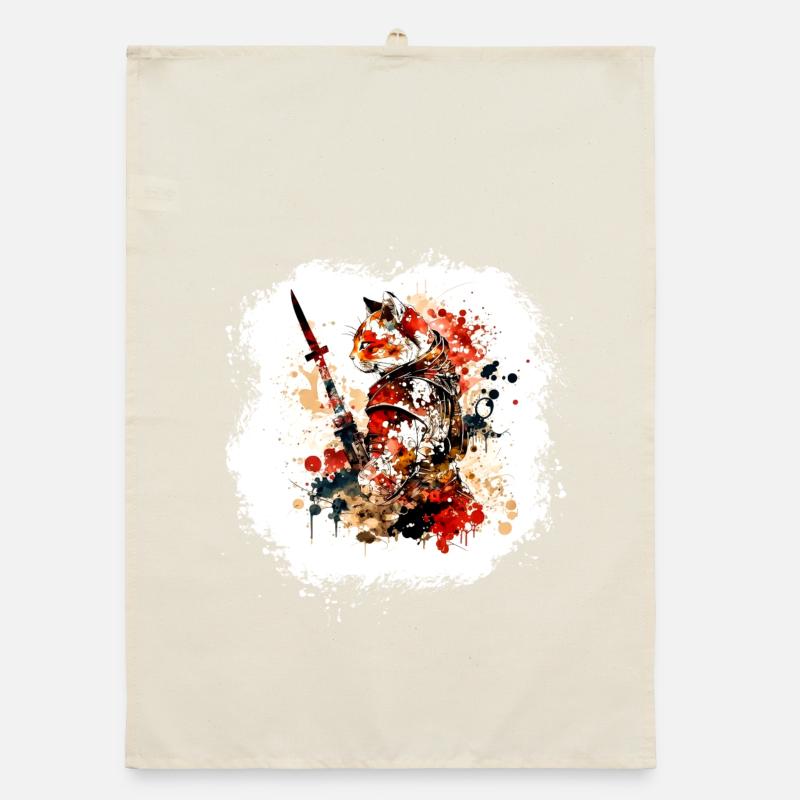 Samurai Cat Red Black Organic dish towel