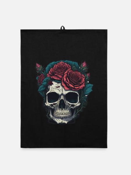 Skull with roses - Organic dish towel - black - Front