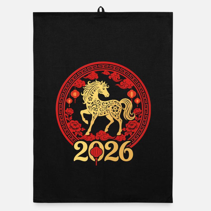 Année du Cheval 2026 Or Nouvel An chinois Torchon bio