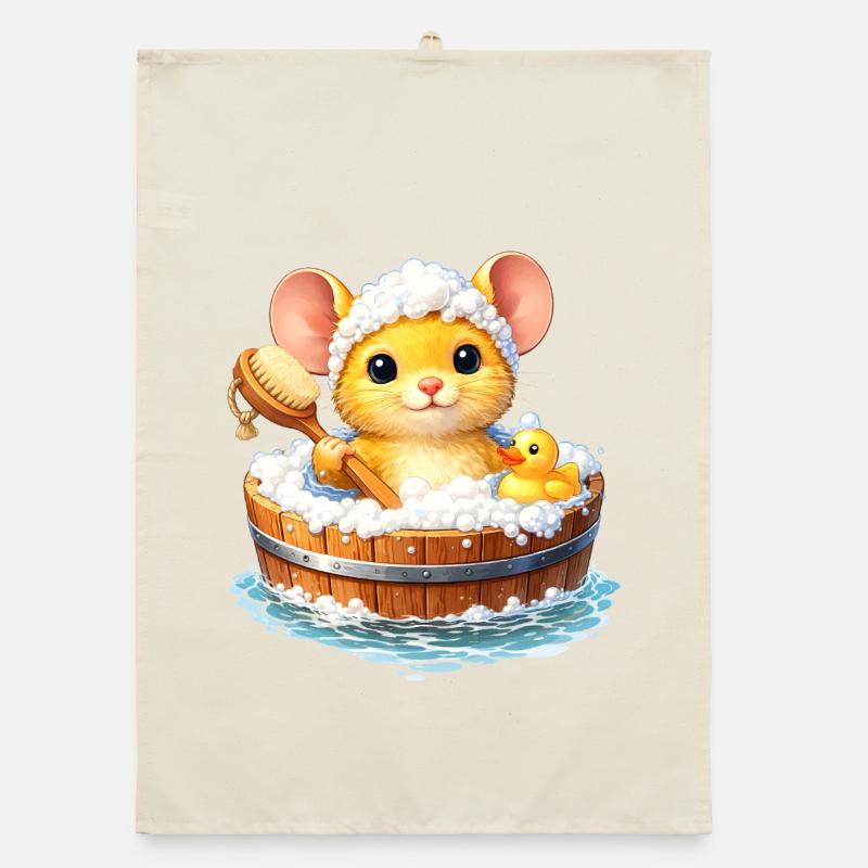 Cute mouse bathing Organic dish towel
