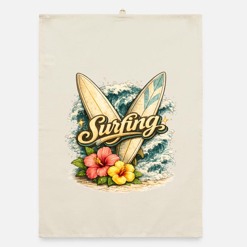Surfer avec les vagues et les fleurs d’hibiscus Torchon bio