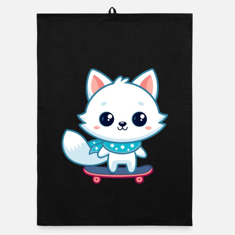 White fox on blue skateboard Organic dish towel