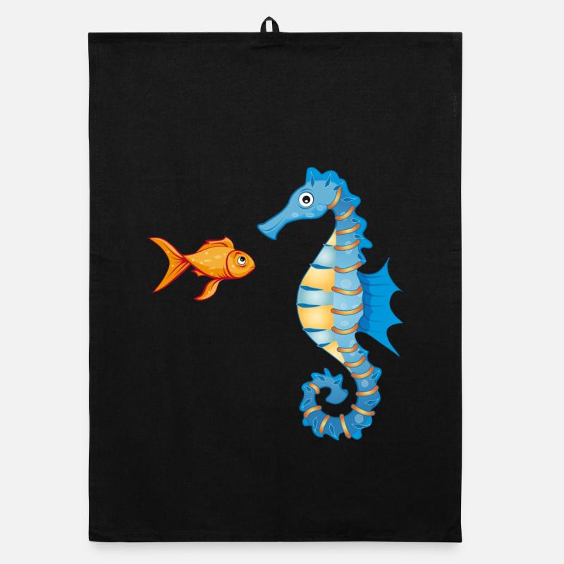 Poissons rouges et hippocampes comiques mignons Torchon bio