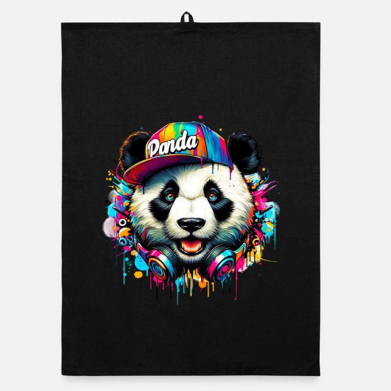Panda DJ Deejay mit Kopfhörern hört Musik Organic Geschirrtuch