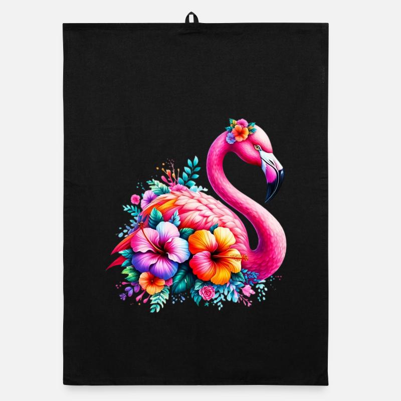 Flamant rose décoré de fleurs d’hibiscus Torchon bio