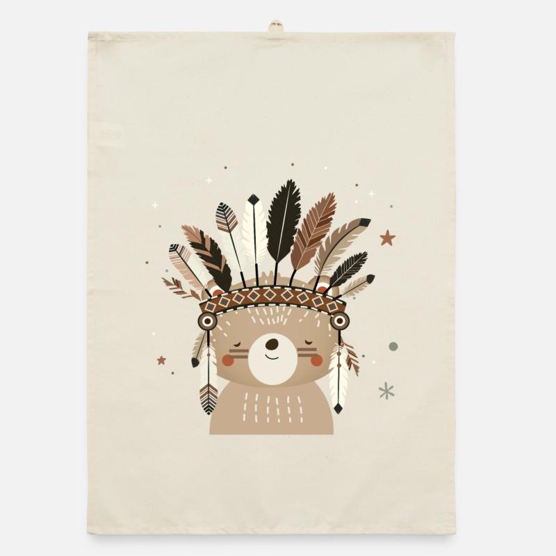 Ours mignon avec coiffe en plumes dans le style boho Torchon bio