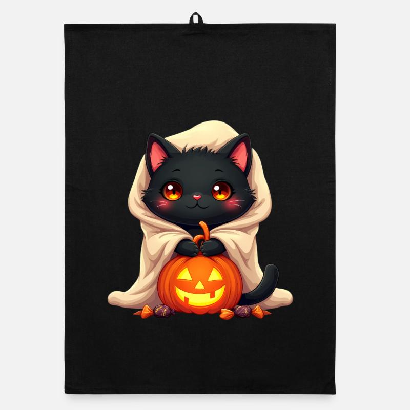 Halloween Cat with Halloween Pumpkin Organic dish towel