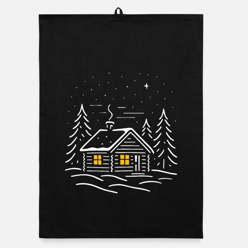 Illuminated snowy cabin with a tree Organic dish towel