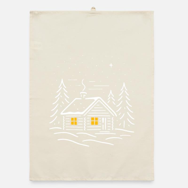 Illuminated snowy cabin with a tree Organic dish towel