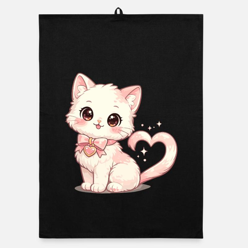Pastel cat with heart bow Organic dish towel
