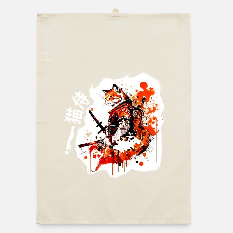 Samurai Cat in Red Organic dish towel
