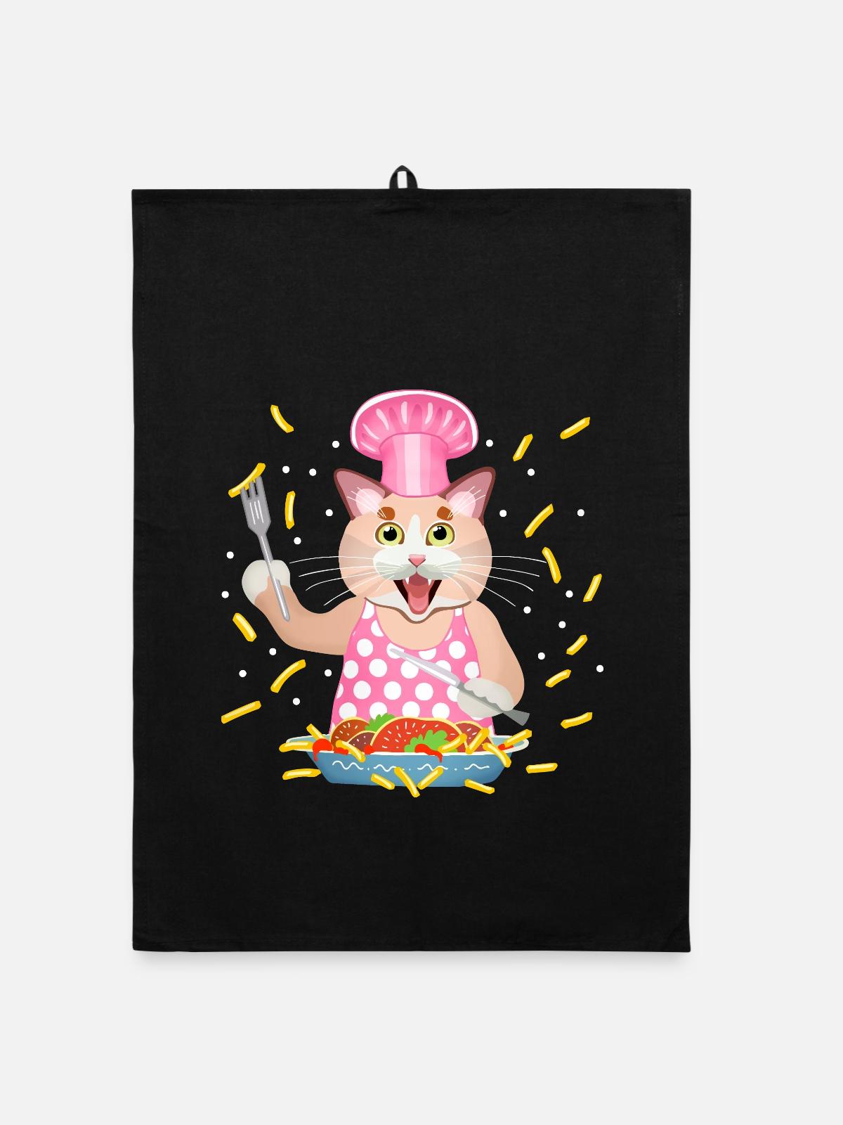 chat gourmand - Torchon bio - noir - Devant