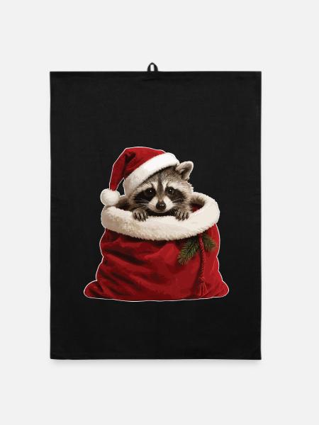 Waschbär im Weihnachtssack - Organic Geschirrtuch - Schwarz - Vorne