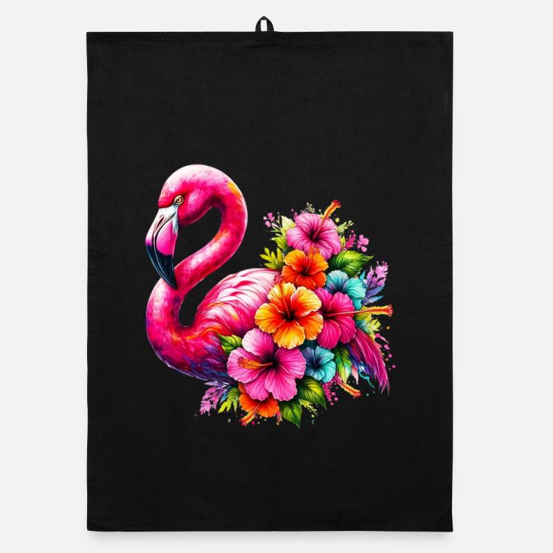 Flamant rose décoré de fleurs d’hibiscus - Torchon bio - noir