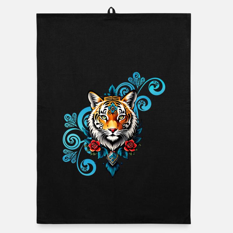 Tigre avec des décorations florales. Torchon bio