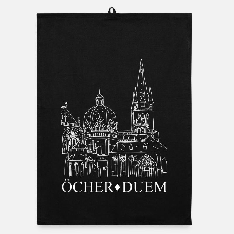 Öcher Duem, Aachener Dom, Platt, Zeichnung - Organic Geschirrtuch - Schwarz