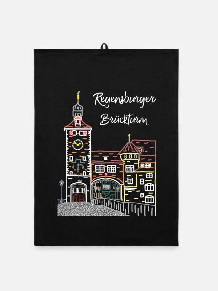 Regensburg, Brückturm, Strichzeichnung, Bayern - Organic Geschirrtuch - Schwarz - Vorne
