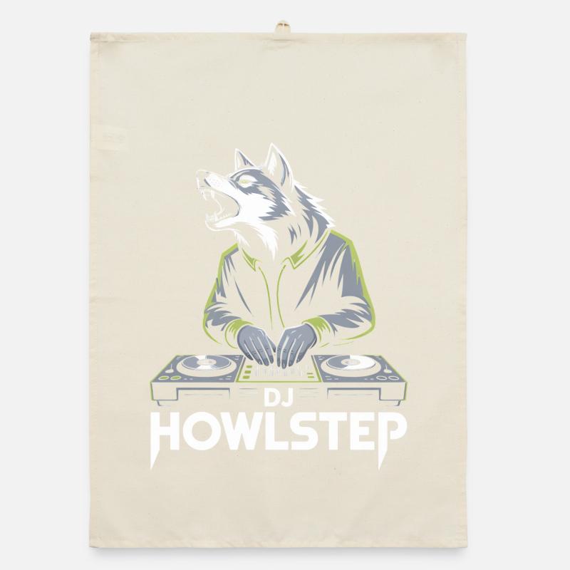 DJ Howlstep Wolf à la table de mixage Rave Vibes Torchon bio