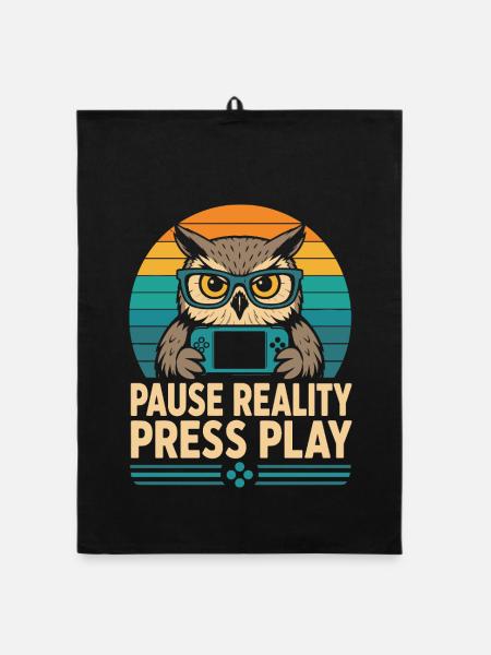 Break Reality Press Play Gamer Owl - Organic dish towel - black - Front
