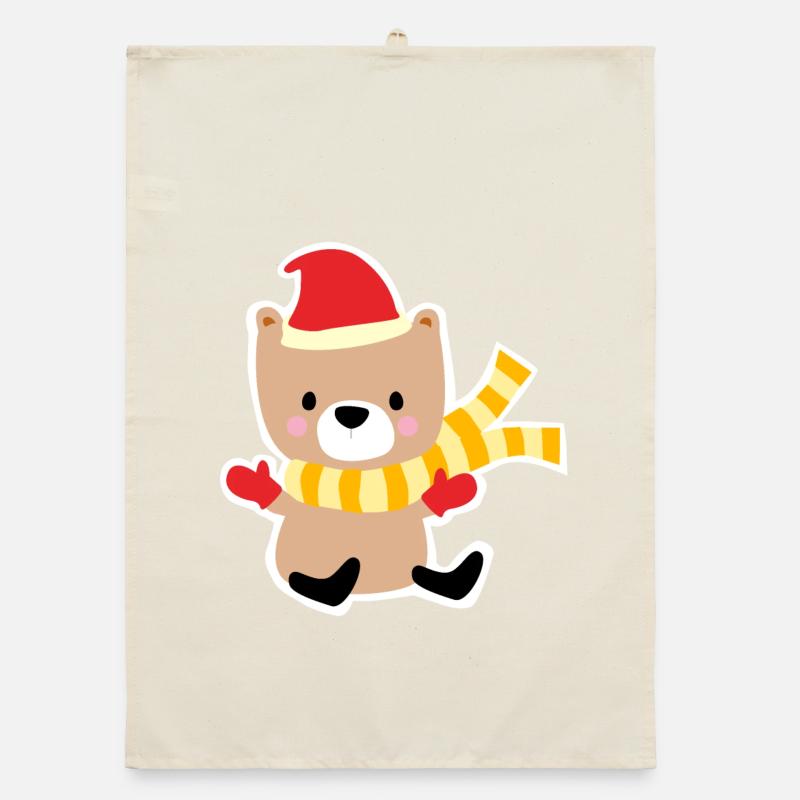 Winter bear with Christmas hat Organic dish towel